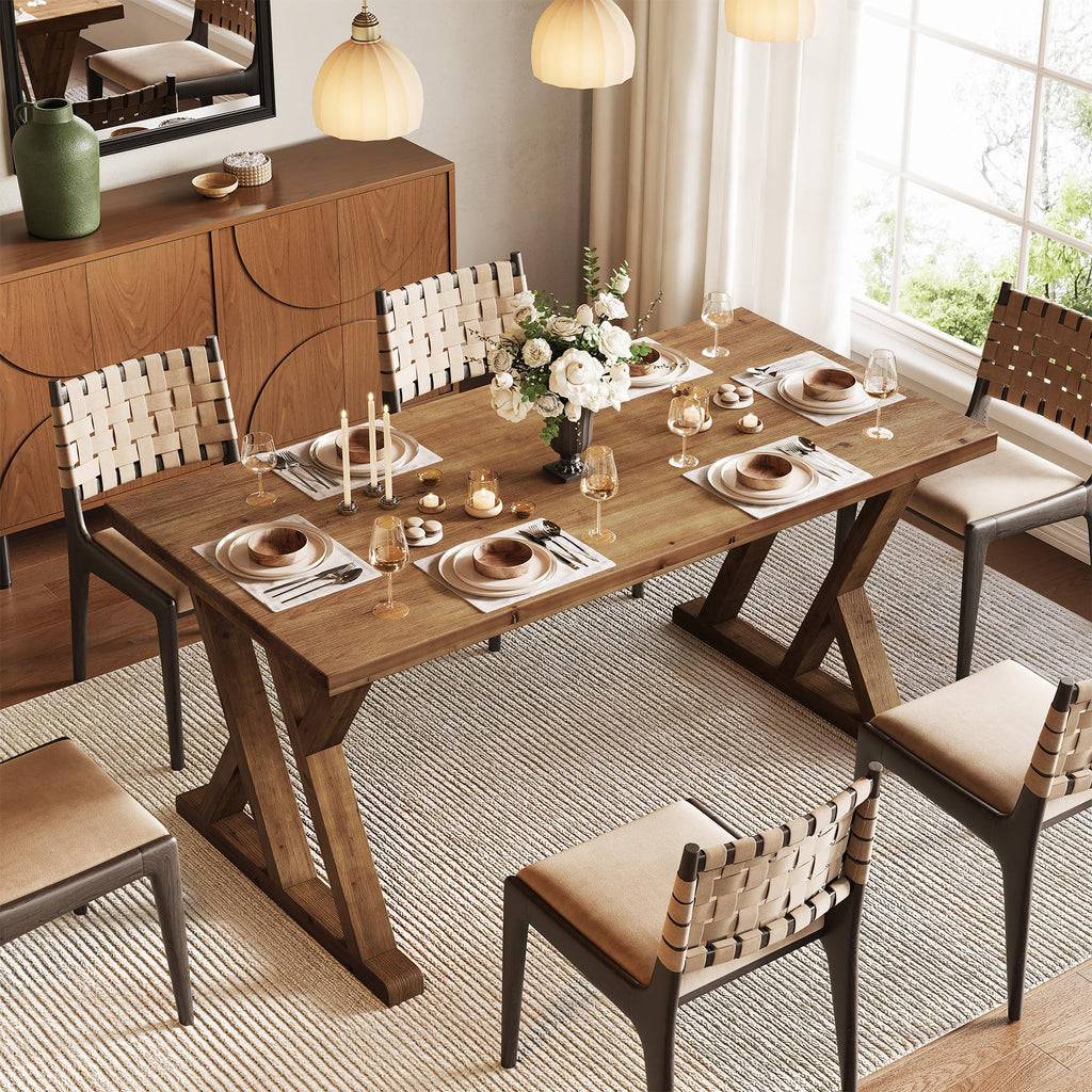 Solid Wood Dining Table for 4-6 People, 63 Inches Wooden Farmhouse Rectangular Kitchen Dinner Table with Heavy-Duty