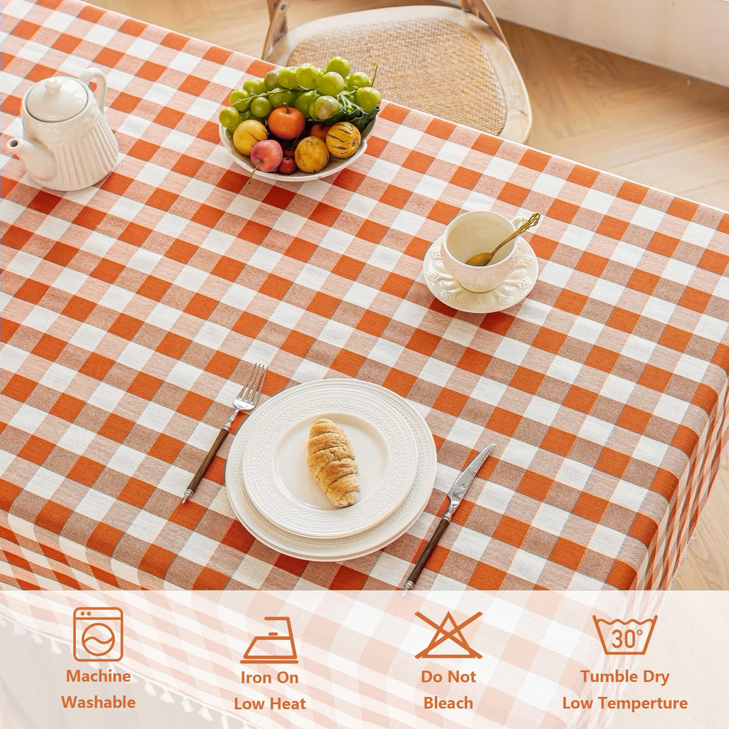 Checkered Tablecloth, Cotton Linen Gingham Fall Holiday Table Cloth for Rectangle Table with Tassel, Washable Heavy