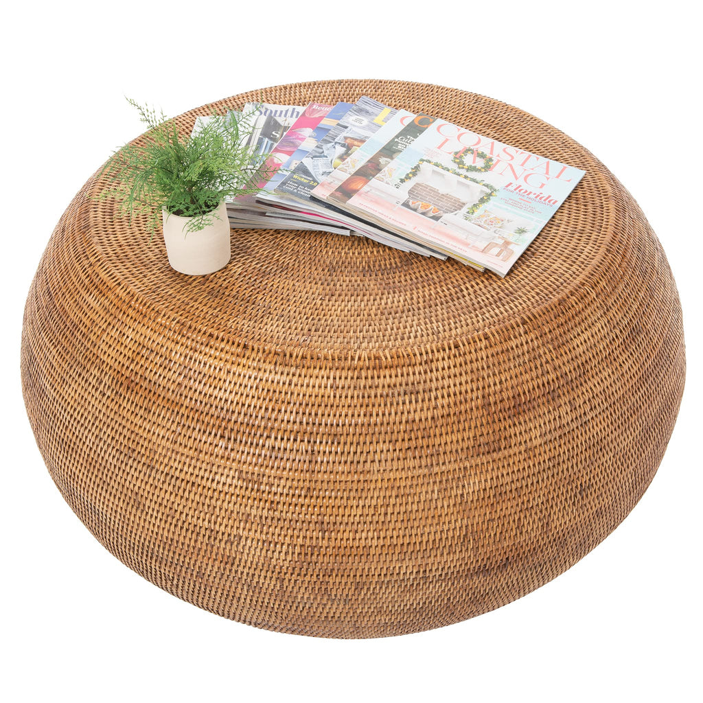 La Jolla Round Rattan Coffee Table, Boho Drum Table, Honey Brown