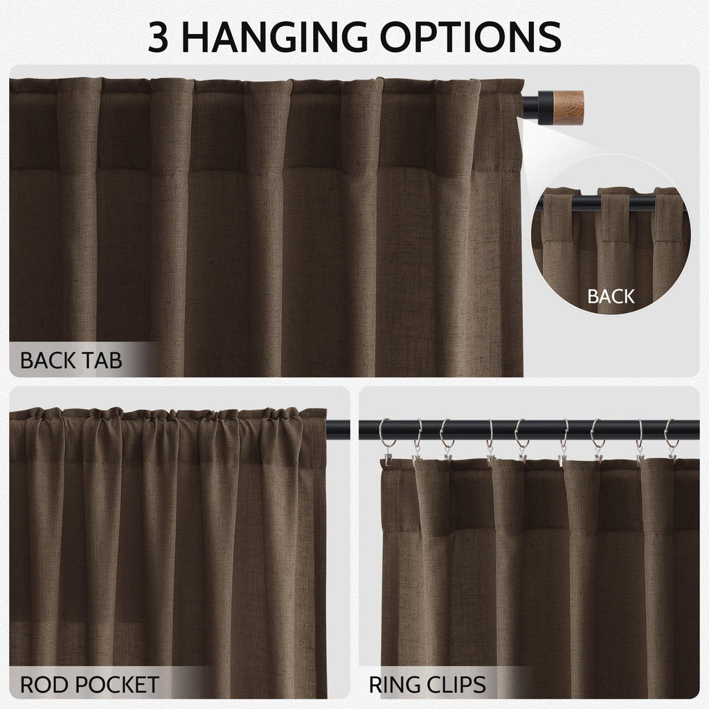Chocolate Linen Curtains 90 Inch Long 2 Panels Set Living Room, Soft Linen Textured Window Drapes Semi Sheer Light