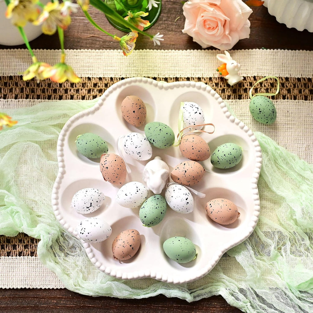 Easter Eggs Ornaments for Small Tree Decorations, 1.57" Neutral Beige Green Plastic Easter Eggs Bulk - Set of 18