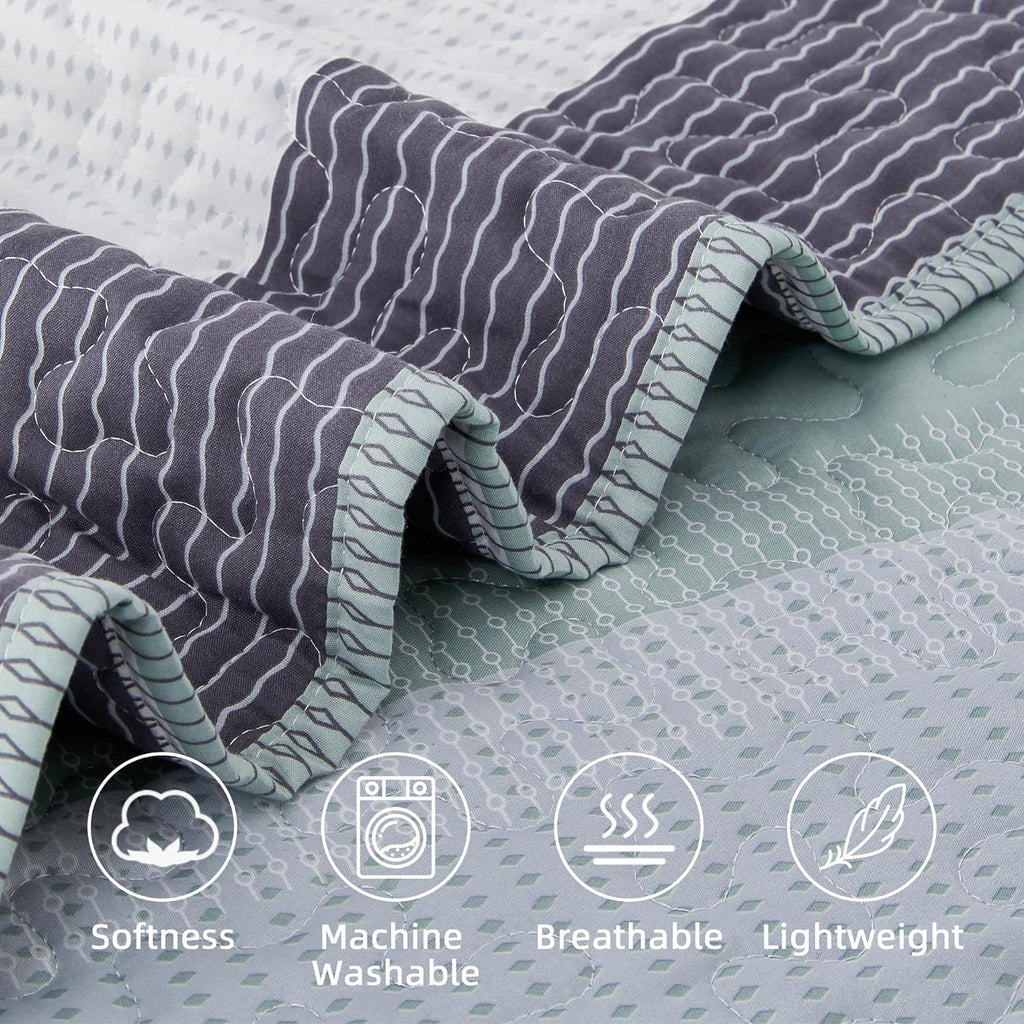 Queen Quilt Bedding Set Sage Green, 3 Pieces Patchwork Mint Green Striped Ultra Soft Lightweight Bedspreads