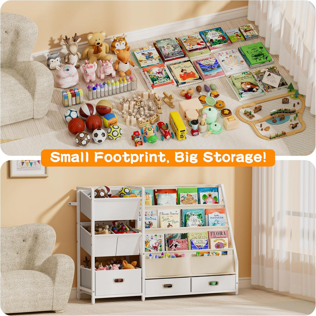Kids Bookshelf and Toy Storage with 6 Toy Bins - Book Shelf for Kids Rooms | Toddler Bookshelves Baby Bookcase