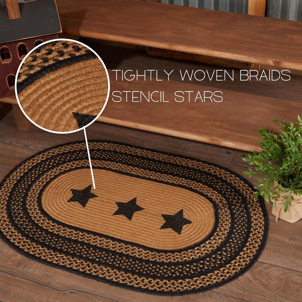 Farmhouse Primitive Jute Black Stenciled Stars Accent Rug Oval w/Floor Pad 24"x36"