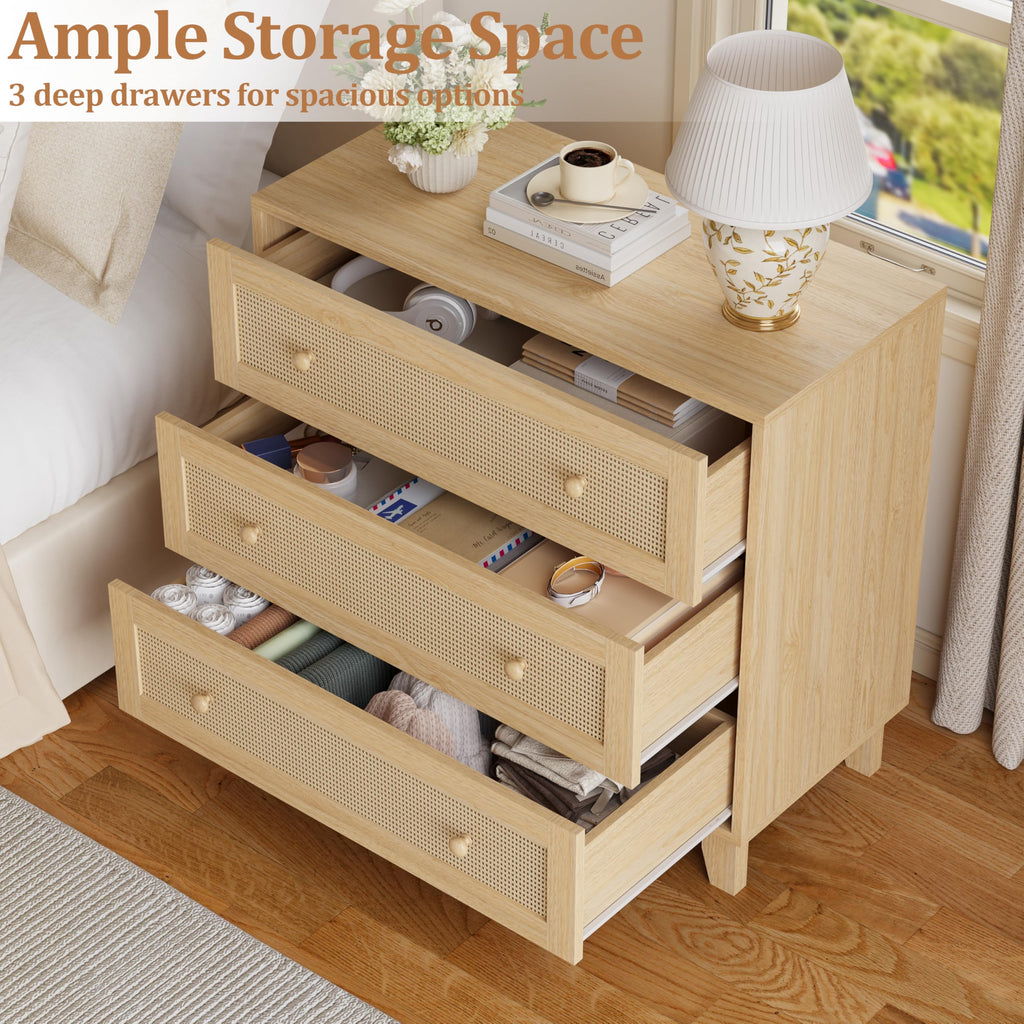 Boho Rattan 3 Drawer Dresser Nightstand, Natural Oak
