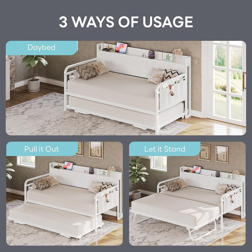 Twin Daybed with Pop Up Trundle & Charging Station & Storage Shelf | Pop Up Trundle with Smooth Wheels, Strong