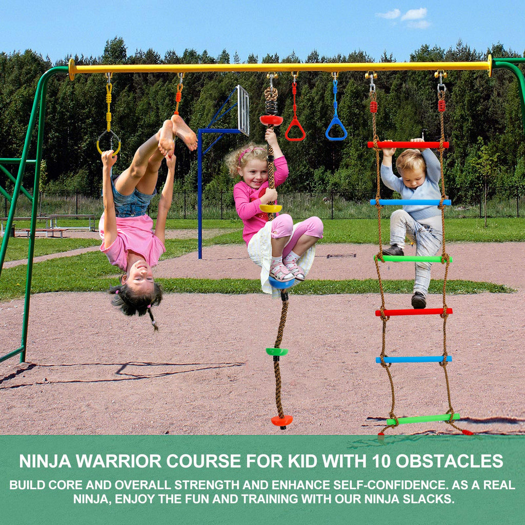 Ninja Warrior Obstacle Course Kit for Kids Ninja Slackline with 10 Accessories Monkey Bars, Ladder, Climbing Rope
