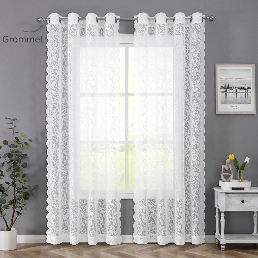 White Sheer Lace Curtains 54 inch Vintage Floral Short Curtain Panels Living Room Bedroom Light Filtering White