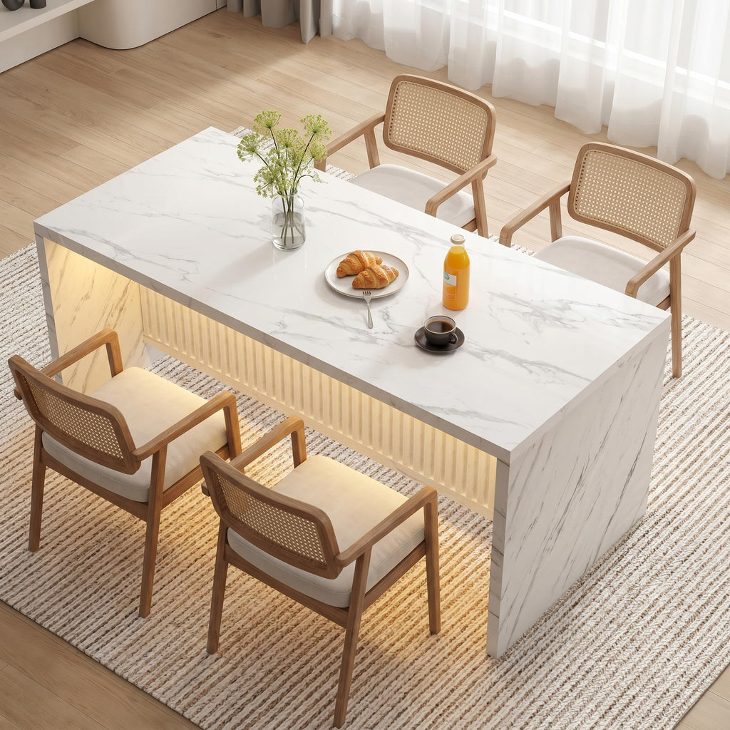 71'' Large Faux Marble Dining Table for 6 People, 37.4''H Tall Modern Kitchen Island with LED Lights, Rectangle