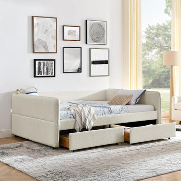 Queen Size Boucle Upholstered Daybed with 2 Storage Drawers, Soft Day Bed Living Room Apartment, Easy Assembly-Beige