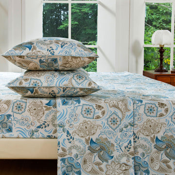 King 100% Egyptian Cotton Blue Paisley Sheets Set 4 Piece, Vintage Botanical Cottagecore Floral Bedding, Luxury Soft