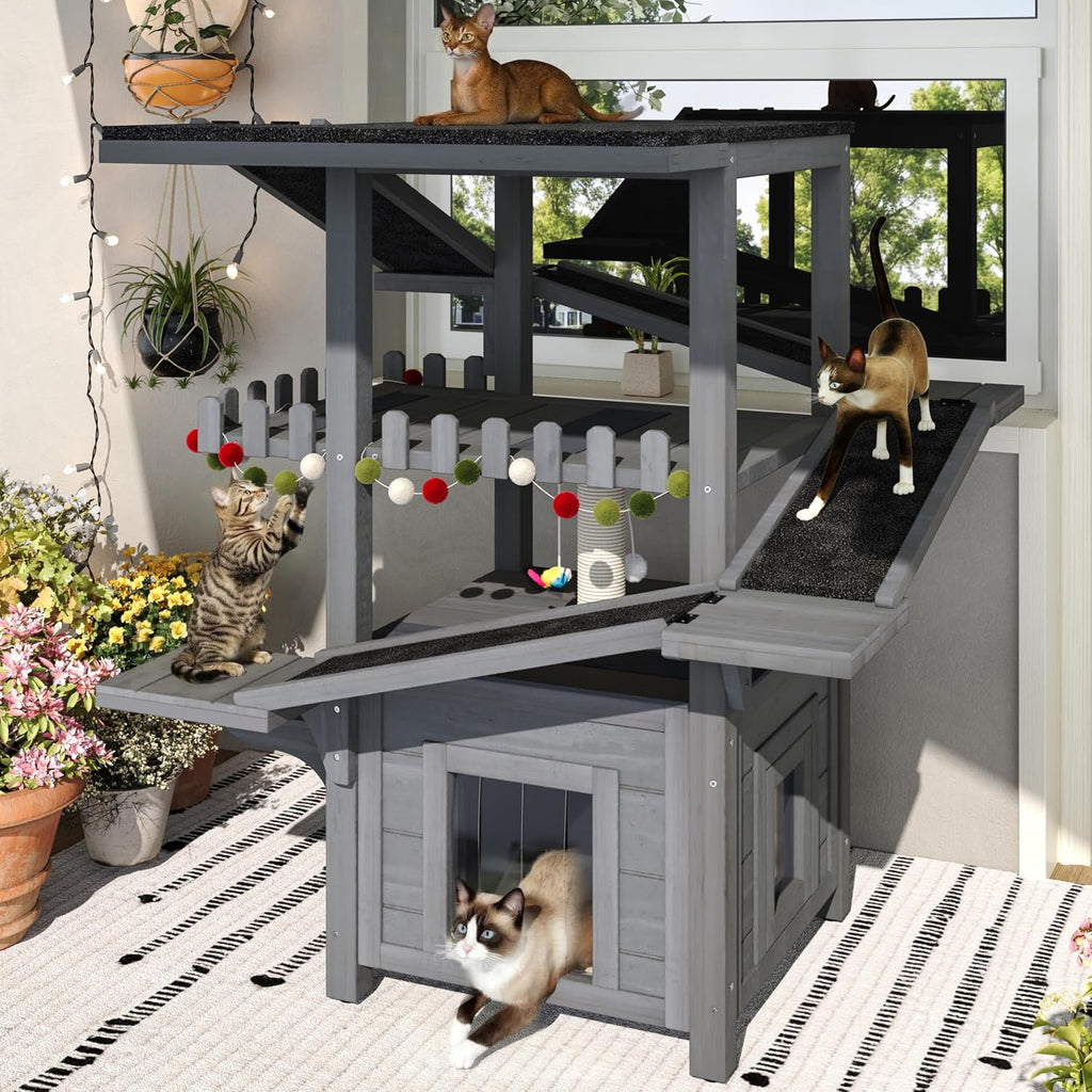 4 Tiers Outdoor Cat House, Weatherproof Wood Cat Tree Tower with Waterproof Roof and 2 Doors, Cat Climbing Tower