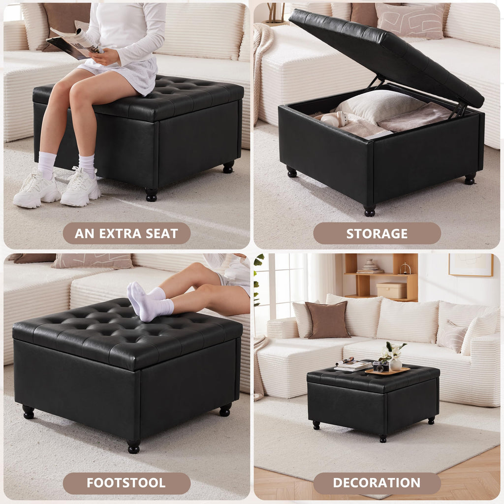28" Large Square Ottoman with Storage, Leather Ottoman Coffee Table, Black