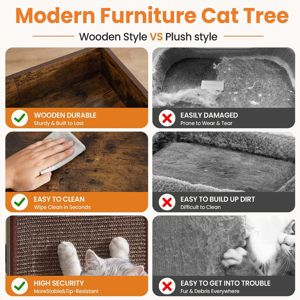 Modern Wood Cat Tree Tower for Indoor Large Adult Cats with Big Perch Bed