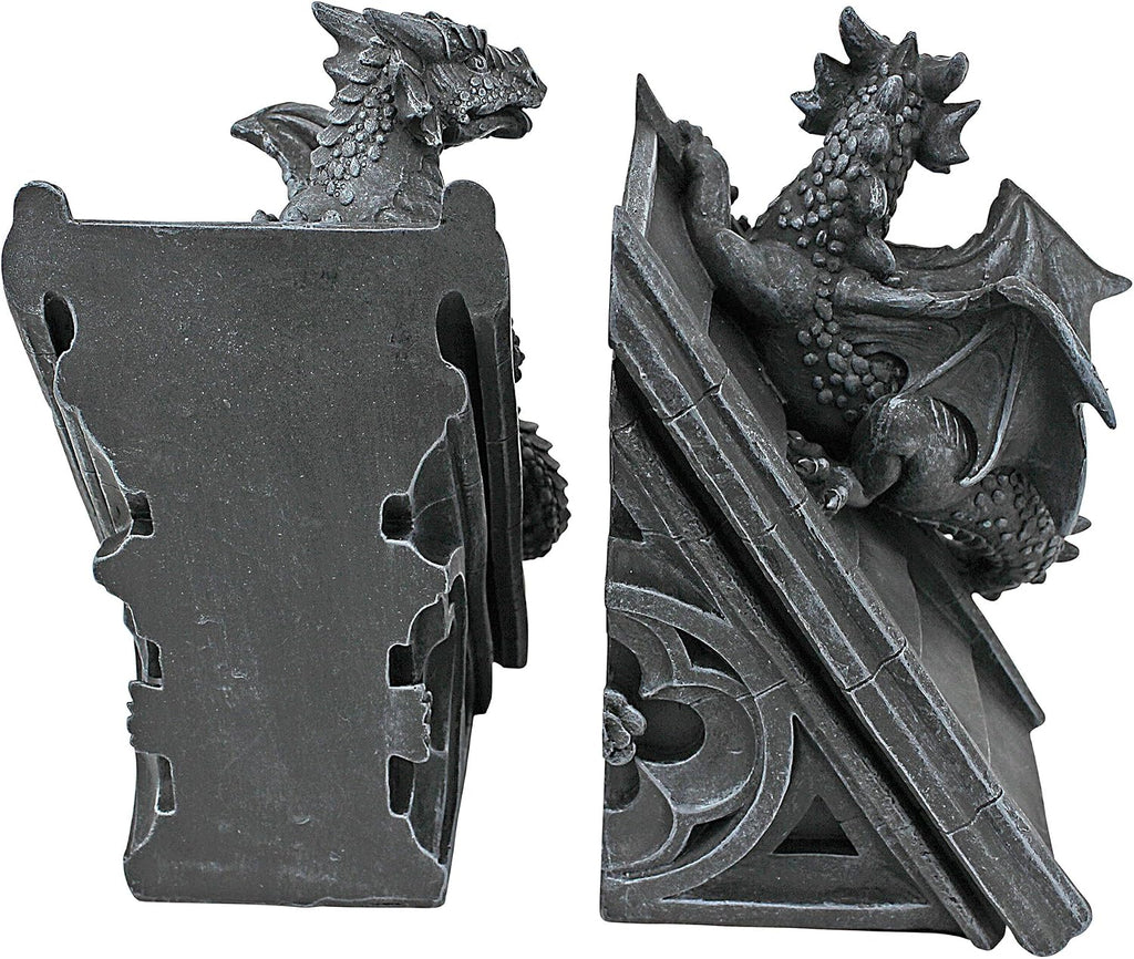 Castle Dragon Gothic Decor Decorative Bookend Statues, 8 Inch, Set of Two, Polyresin, Grey Stone