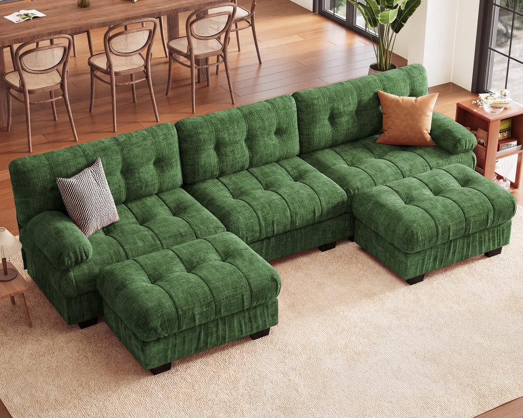 126" Extra Wide Modular Sectional Sofa, Comfy U-Shaped Cloud Couch w/ 2 Movable Ottoman, 5-Seater Chenille Deep Seat