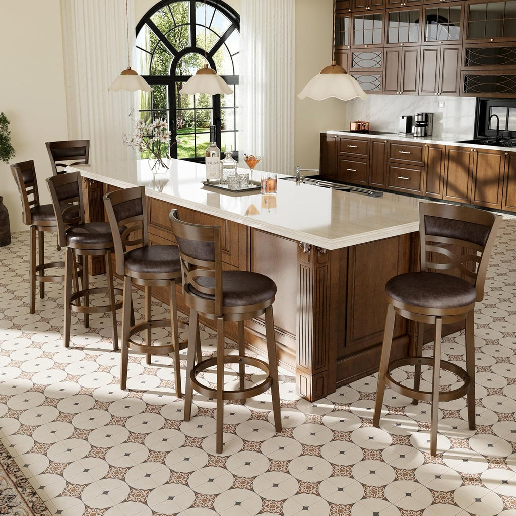 30 inch Bar Height Stools Set of 4, Swivel Bar Stools with Back, Wooden Bar Chairs Tall Faux Leather Kitchen Stools