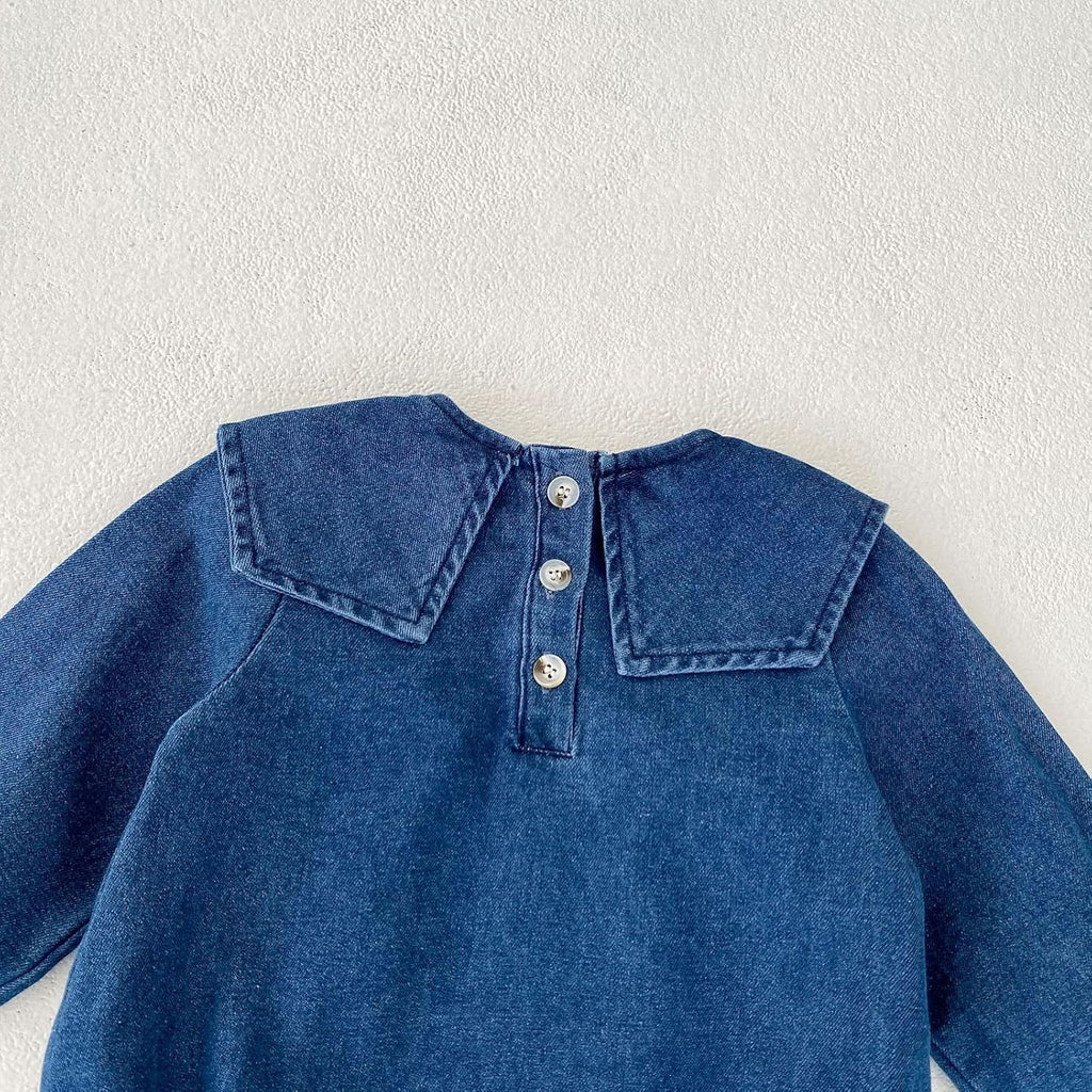 Baby Girls Denim Romper with Cute Big Collar - Spring/Fall - Runs Large