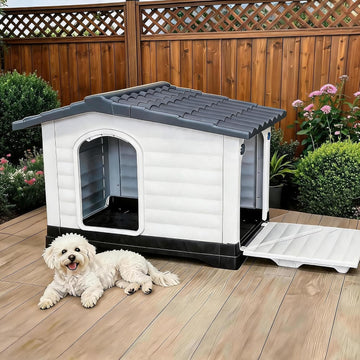 2-Door Small Dog House for Indoor and Outdoor Dog House with Fold-Out Porch Elevated Base, Waterproof Pet House