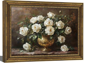 Vintage Gold Framed White Rose Wall Art Floral Still Life Botanical Picture