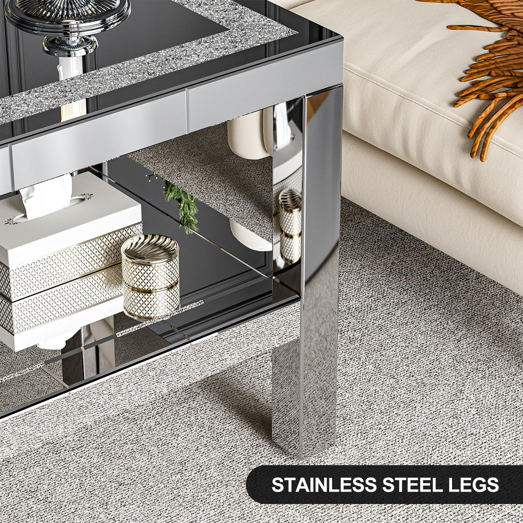 Mirrored Coffee Table with 2 Tiers Storage & LED Light