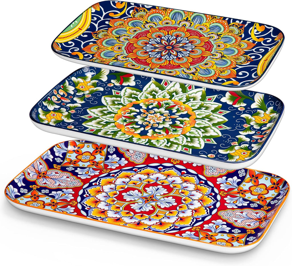 Serving Platters Set of 3, 16"/14"/12" In Rectangular Trays Boho | Ceramic Serving Dish for Entertaining Food