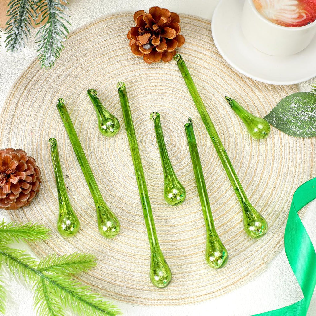12 Pcs Mercury Glass Teardrop Icicle Christmas Ornaments, Green