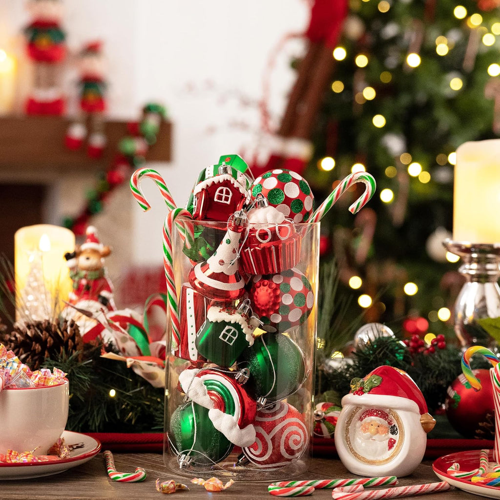 Christmas Tree Ornaments Set, 100ct Candy Cane Red Green Shatterproof Christmas Tree Decorations Bulk, Variety