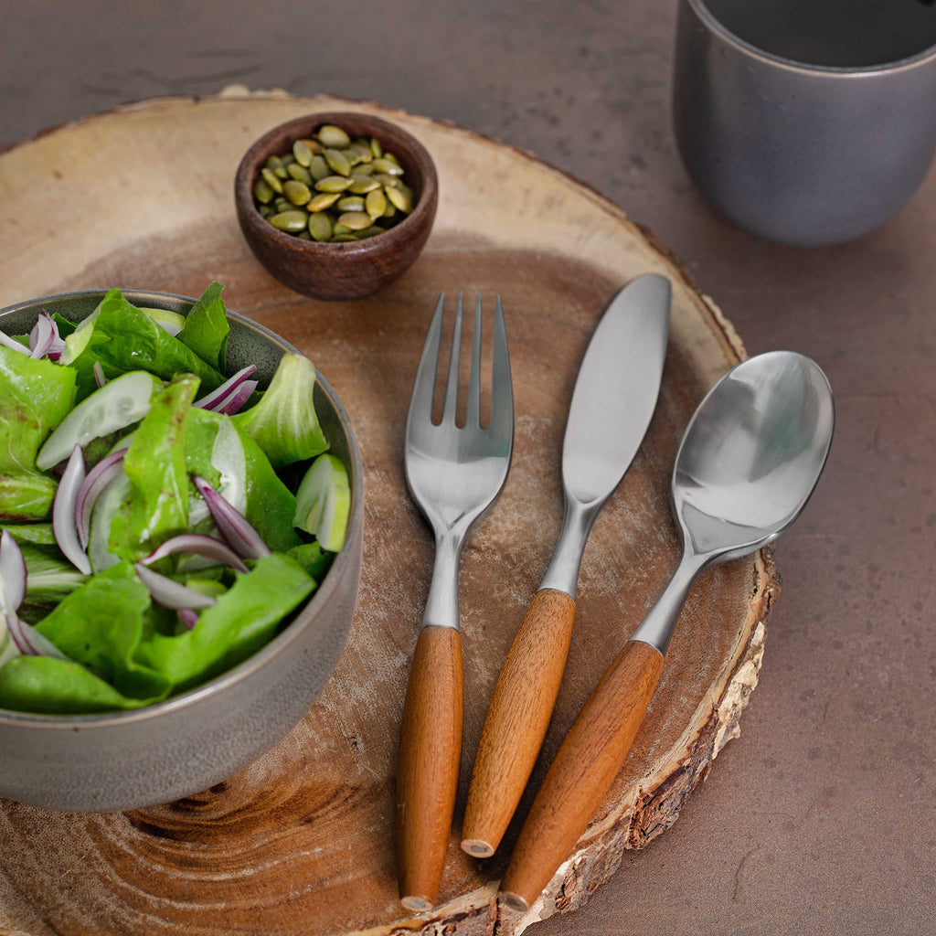 Flatware Silverware Cutlery Set, Stainless Steel, Teak Wood Dining Utensils, Eating Dinnerware Dansk