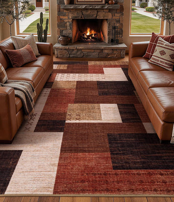 Modern Washable Area Rugs, Brown Geometric Patchwork Rug Non Slip, Large Southwestern Tribal Carpet for