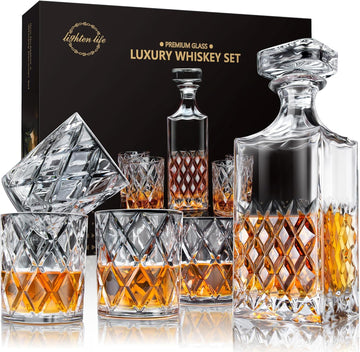 Whiskey Decanter Set, Italian Crystal Decanter with 4 Whiskey Glasses in Gift Box - Bourbon Decanter for Scotch - Set of 5