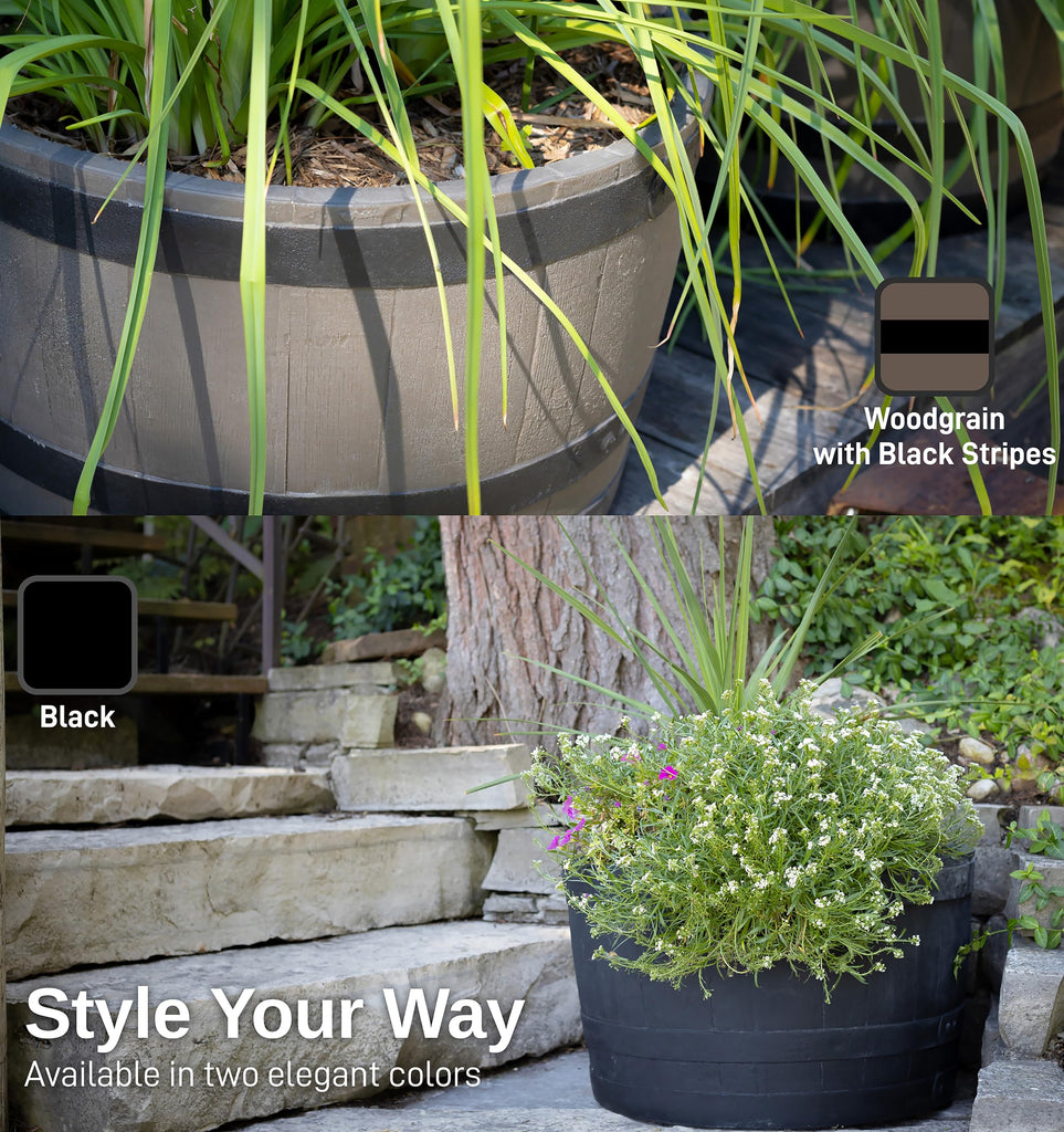 Polyethylene Whiskey Barrel Planter for Indoor or Outdoor Gardening, Black (2 Pack)