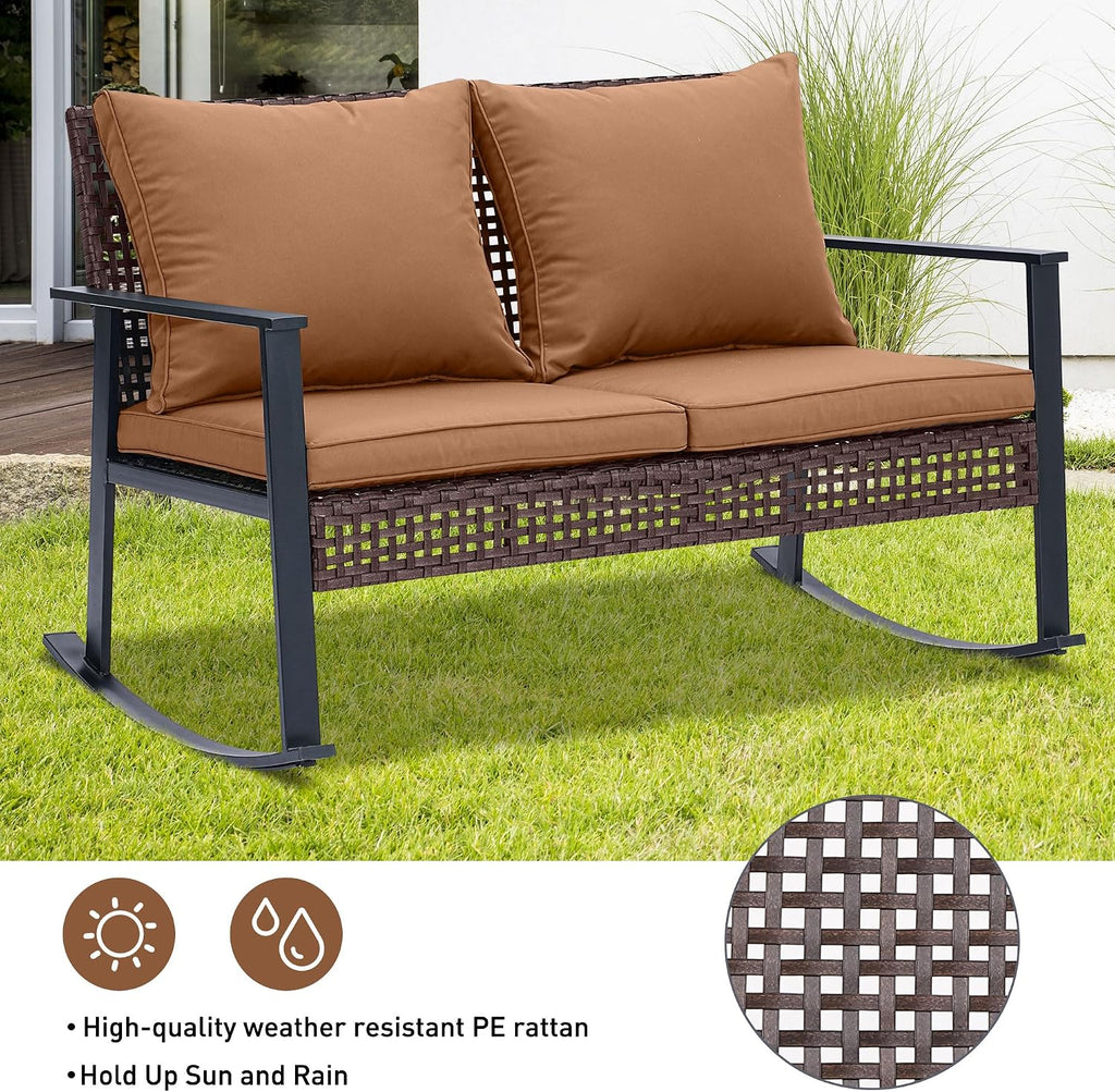 Outdoor Wicker Loveseat Rocking Chair, Patio Outdoor Furniture Conversation Sets, Rattan Rocker Chair with Cushions