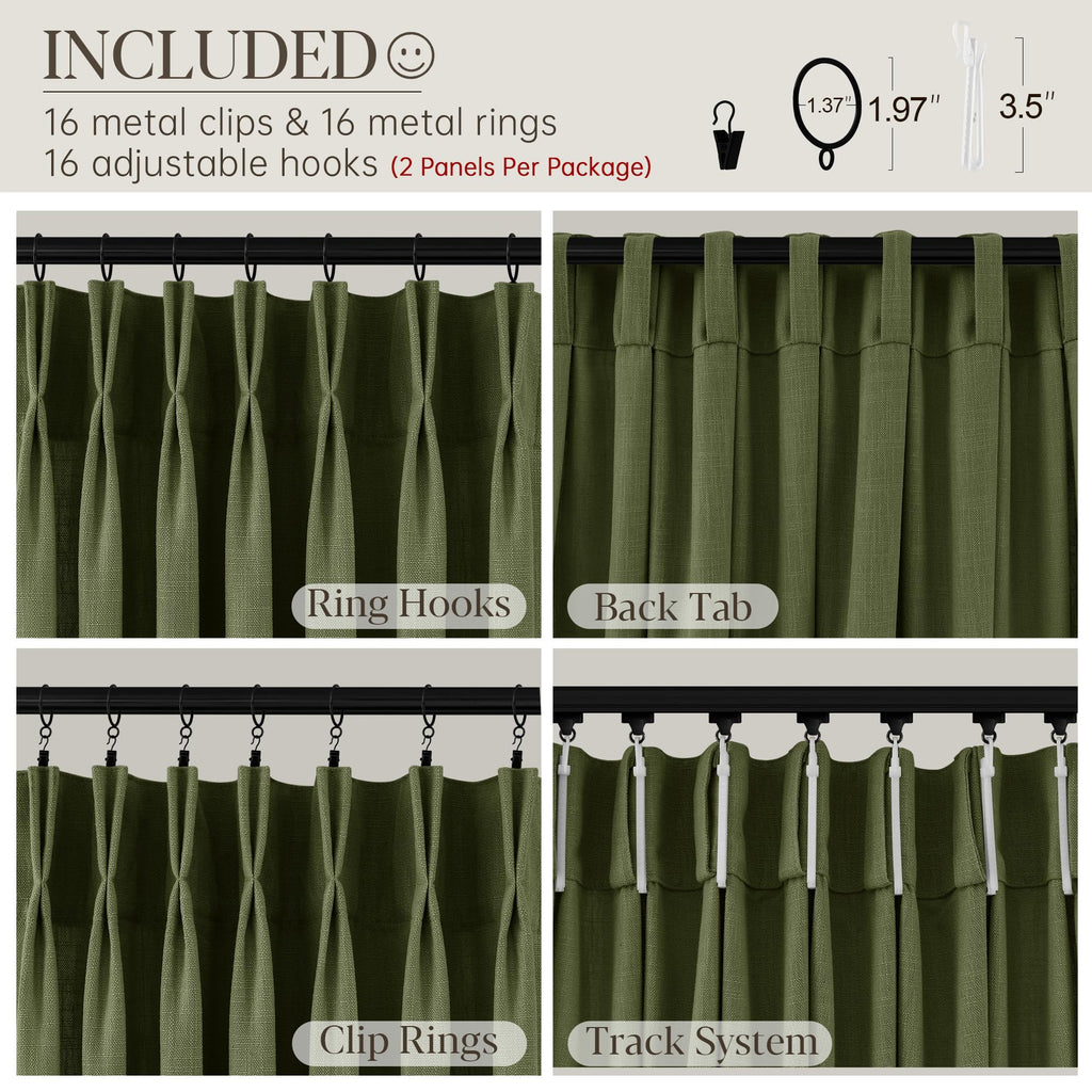 108 Inches Long Pinch Pleat Linen Curtains Semi Sheer 2 Panels Olive Green