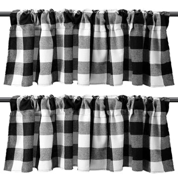 Buffalo Plaid Curtain Buffalo Window Valance, Black, White, 2 Pieces