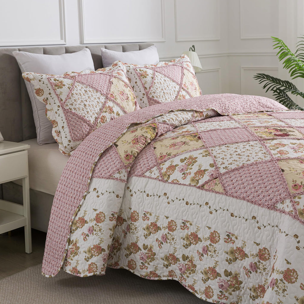 Quilt Bedding Sets - Floral Quilt Bedding Sets 3-Piece 90x96, Lightweight Bedspreads Patchwork Coverlet Rustic