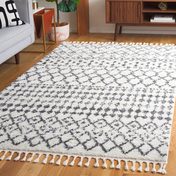 Berber Fringe Shag Collection Area Rug, Cream & Dark Grey, Moroccan Design, Non-Shedding & Easy Care