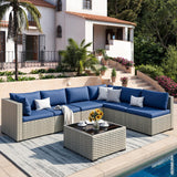 Patio Furniture Set, 7-Piece Outdoor Sectional All-Weather Wicker Patio Conversation Set for Backyard (Navy Blue