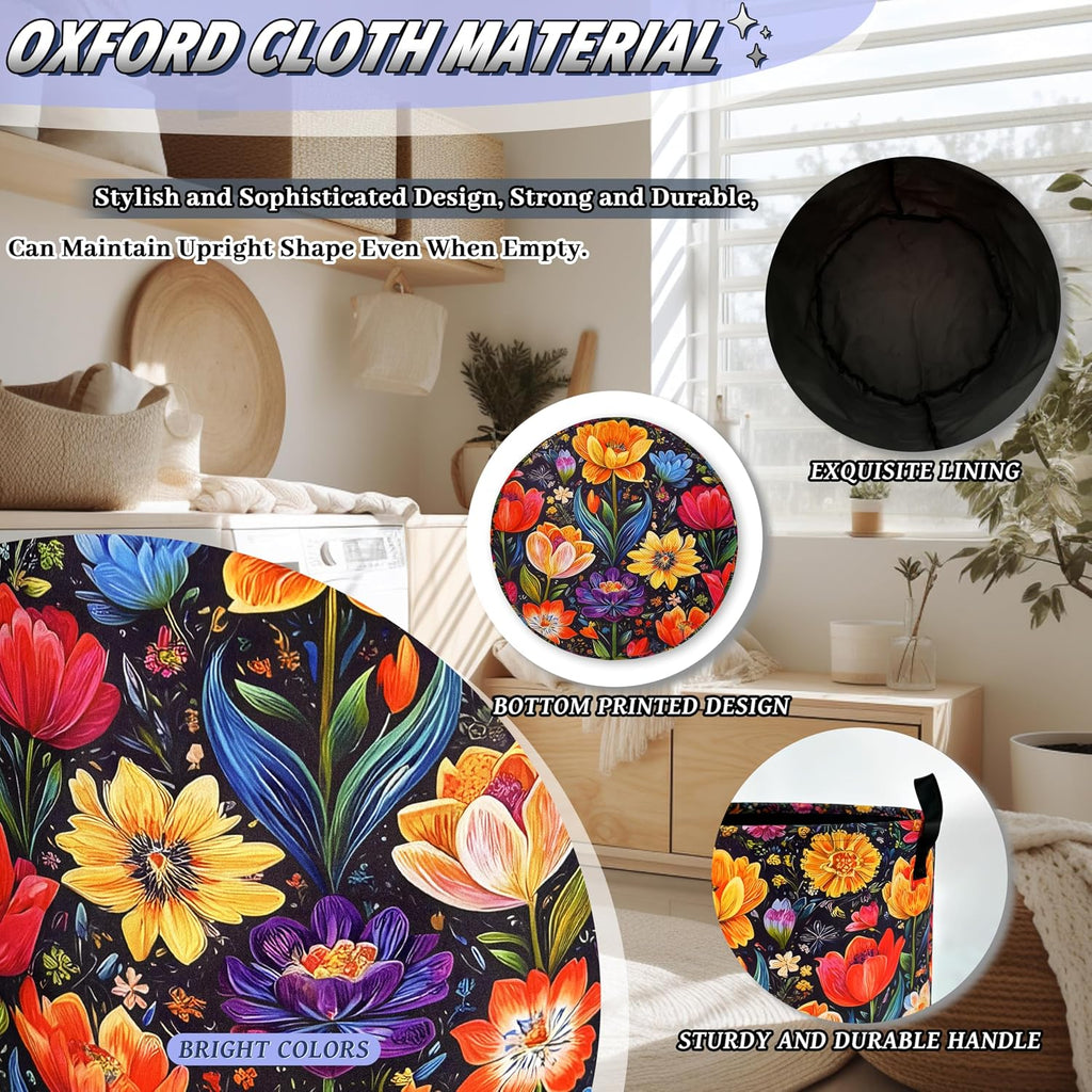 Bright Colorful Flowers Laundry Hamper Oxford Cloth Beautiful Floral Laundry Basket With Handle Portable Clothes