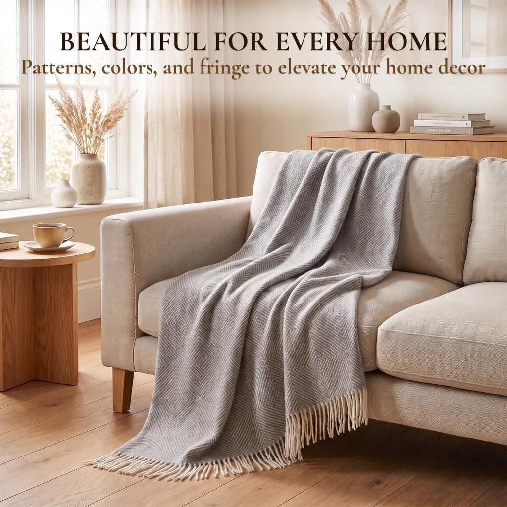 Merino Wool Blanket, Warm & Soft Throw for Bed & Couch, 55 x 79 in