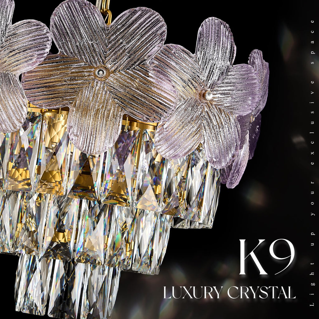 14" 3-Light Purple Flower Crystal Chandelier Gold Light Fixture