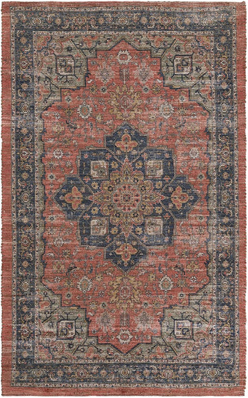 Chenille Jute Rug - 5' Antique Red Area Rug - Handmade Vintage Medallion s and Bedrooms