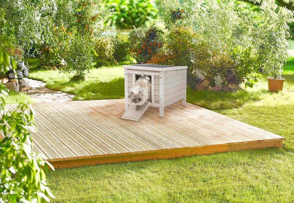 Outdoor Cat House, Weatherproof Cat Home with Raised Floor, Hinged Asphalt Roof & Covered Opening, Small Outdoor
