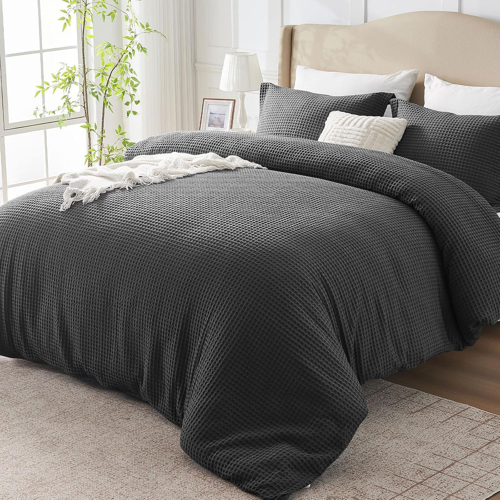 100% Cotton Duvet Cover Queen - Waffle Weave Duvet Cover Set for All Season, Linen Like Textured Bedding Sets 3 Pcs