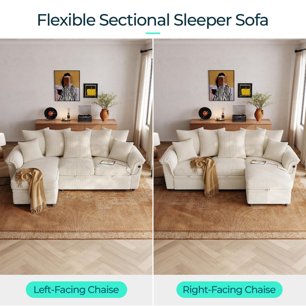 Sectional Couch with Pull Out Bed, Large Corduroy Modular Sleeper Sofa, Storage Chaise, Wide Armrest, 90" 3 Seats