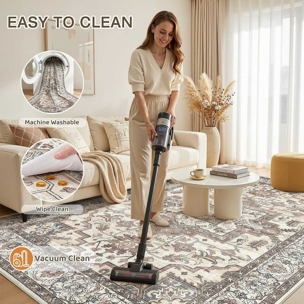 10x14 Area Rugs Living Room: Washable Vintage Rug Large Non-Slip Stain Resistant Ultra Soft Low Pile
