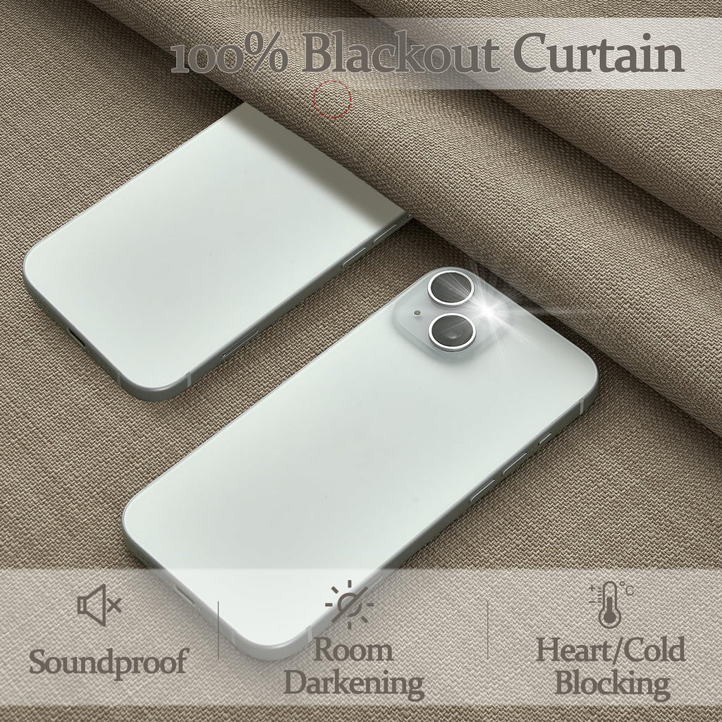 Blackout Extra Long Floor to Ceiling 132 Inch Curtains 2 Panel Set, Warm Beige Memory Shape Pinch Pleat Natural Linen