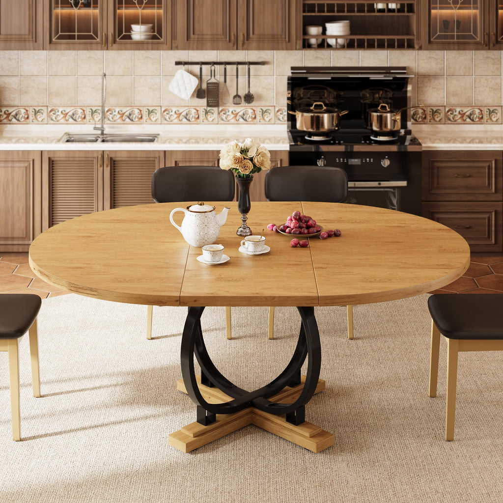 59'' Extendable Round Dining Table for 4 to 6, Kitchen Table with Sturdy X-Base Metal Legs, MDF Board with Backboard