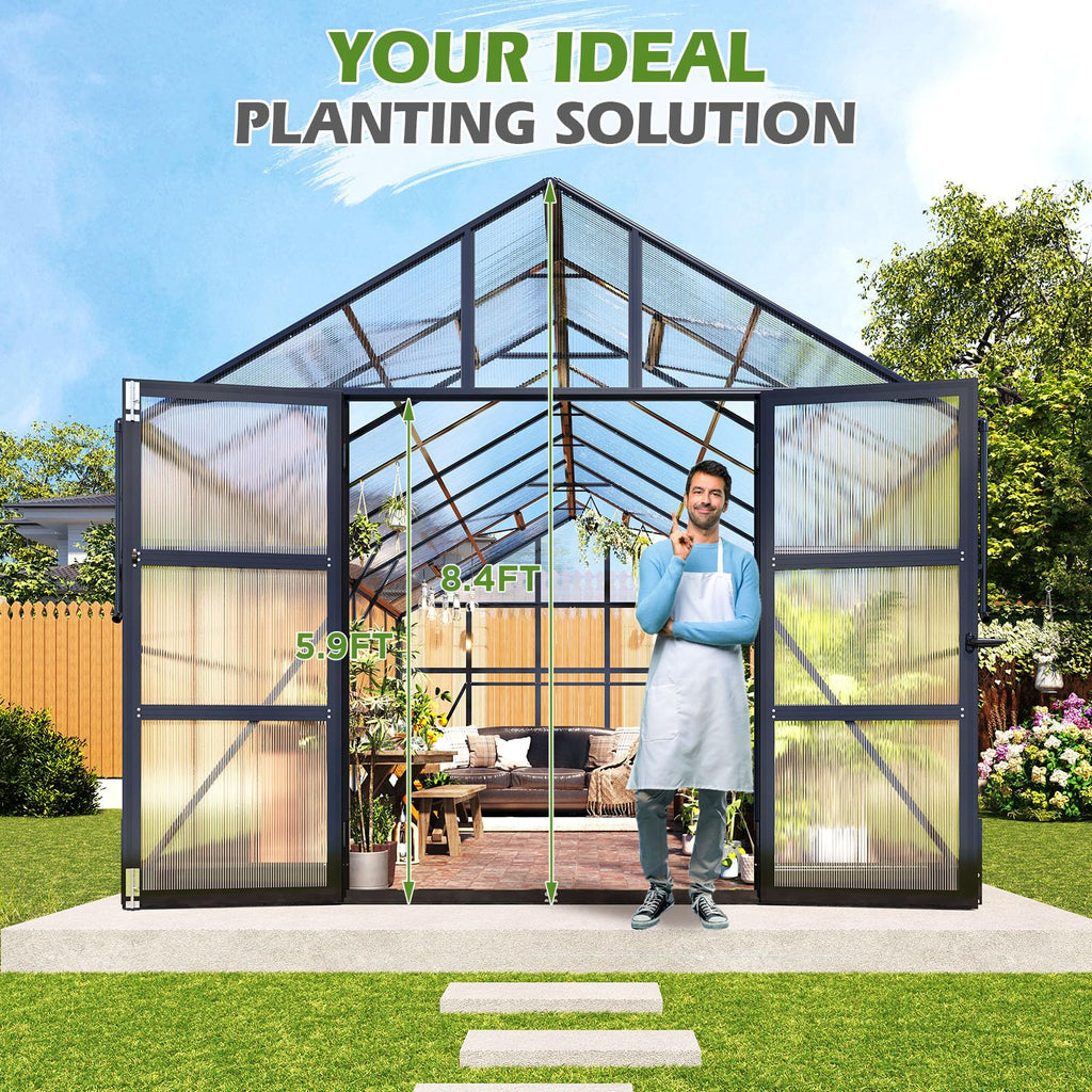 10x14 FT Polycarbonate Greenhouse with 4 Roof Vents