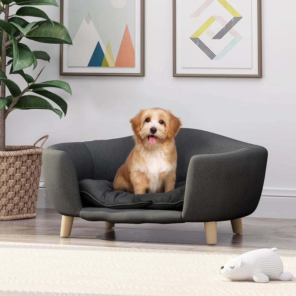 Mid-Century Modern Pet Dog Bed Tufted Fabric Dog Sofa Couch with Solid Birch Wood Legs for Small Dogs 11 to 25 lbs